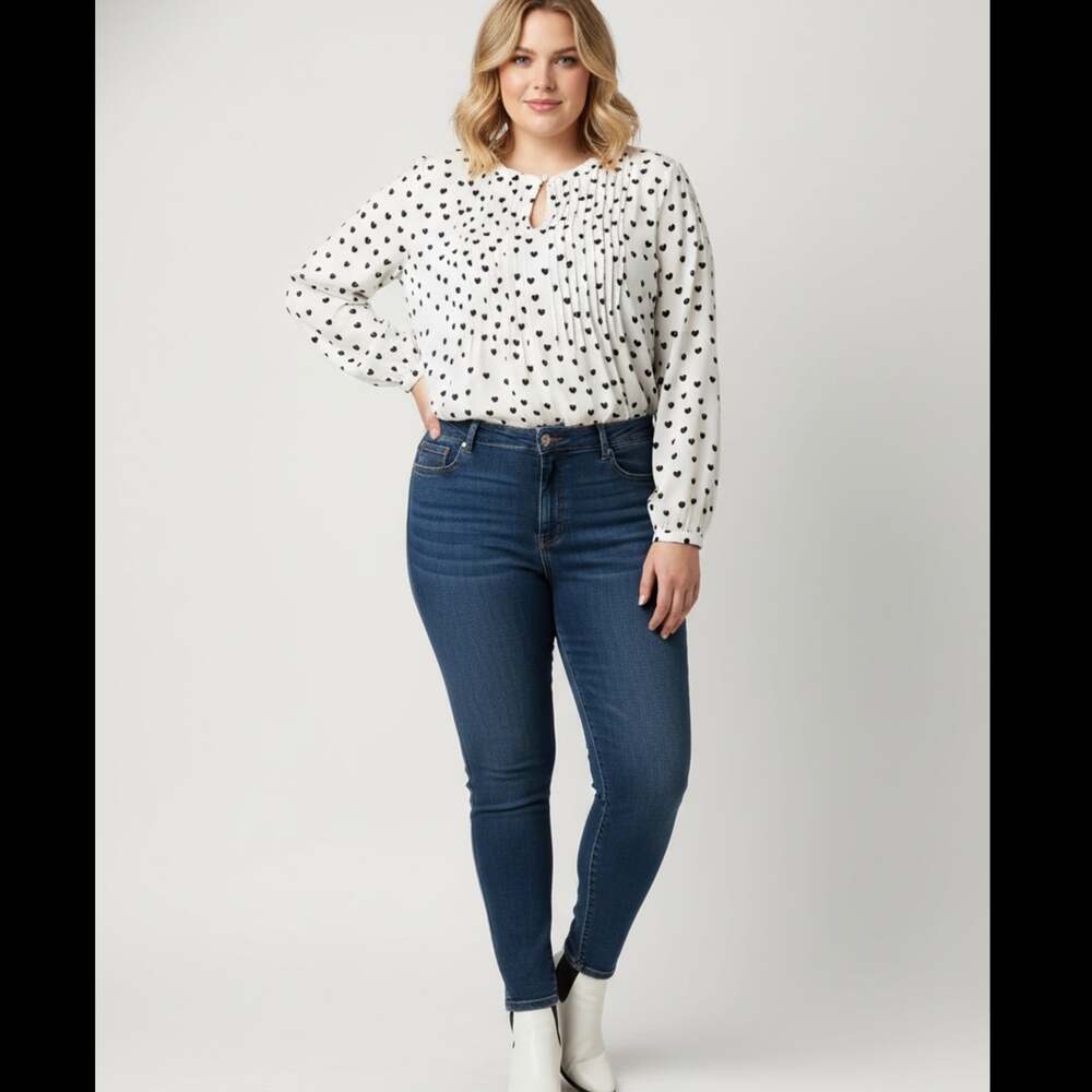 Rose & Olive Heart Print Pleated Front Smocked Sleeve Blouse